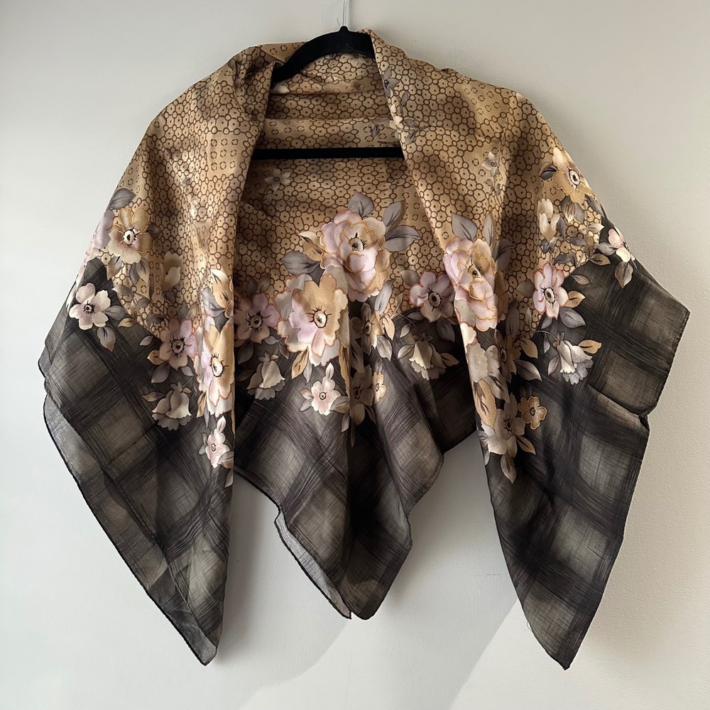 Unbranded Square Scarf Womens OS‎ Tan Mauve Excellent Floral Plaid Geometric